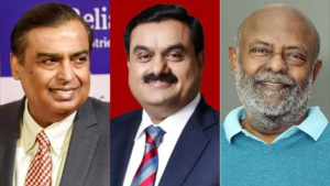 Collage of India's top 10 richest people: Mukesh Ambani, Gautam Adani, Shiv Nadar, Savitri Jindal & Family, Dilip Shanghvi, Cyrus Poonawalla, Kushal Pal Singh, Kumar Mangalam Birla, Radhakishan Damani, Lakshmi Mittal.