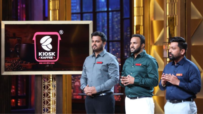 Three entrepreneurs pitching Kiosk Kaffee on Shark Tank, a show where investors consider business ideas